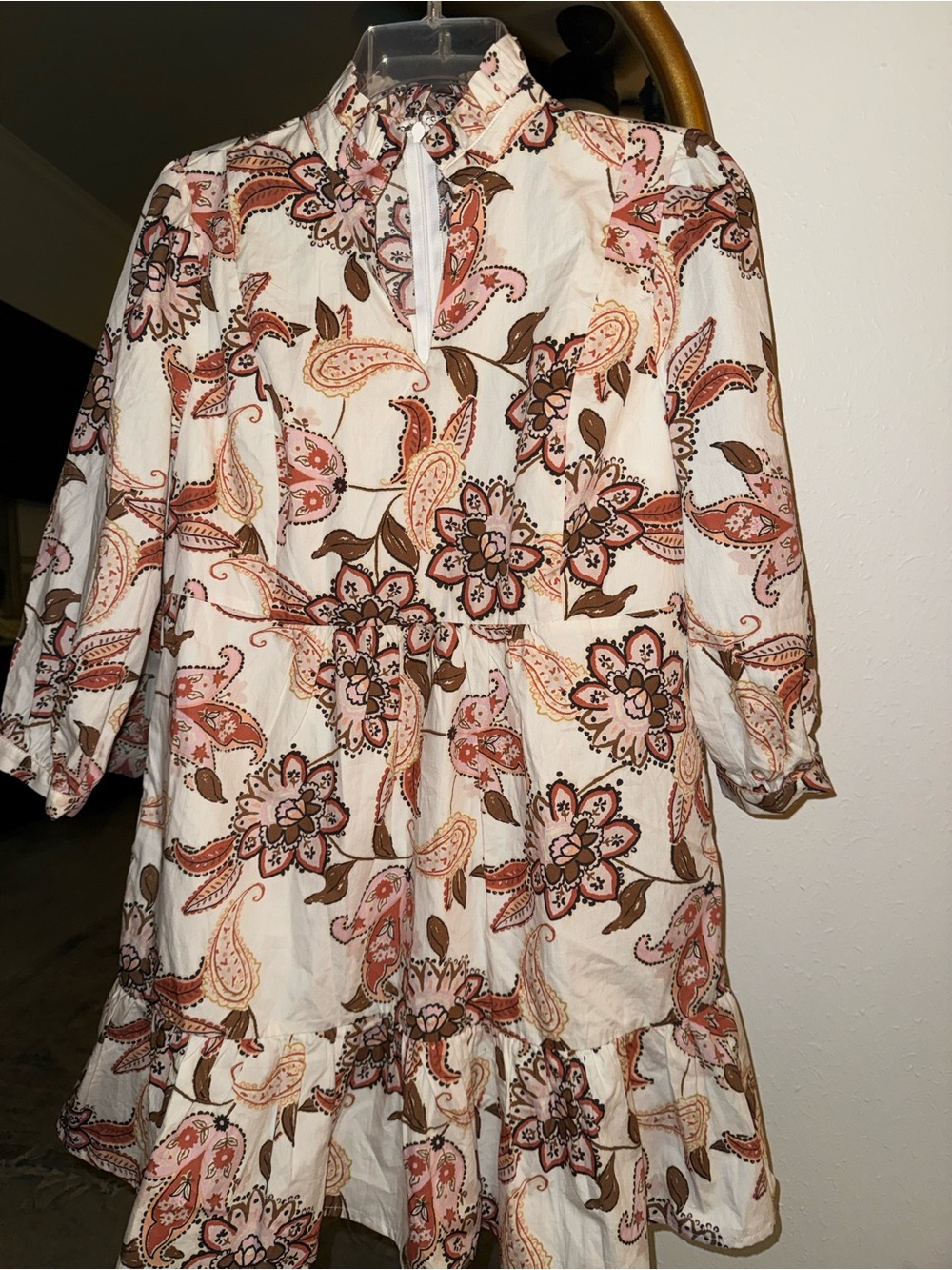 Cream Paisley Tiered Mini Dress with Pink & Brown Floral Print